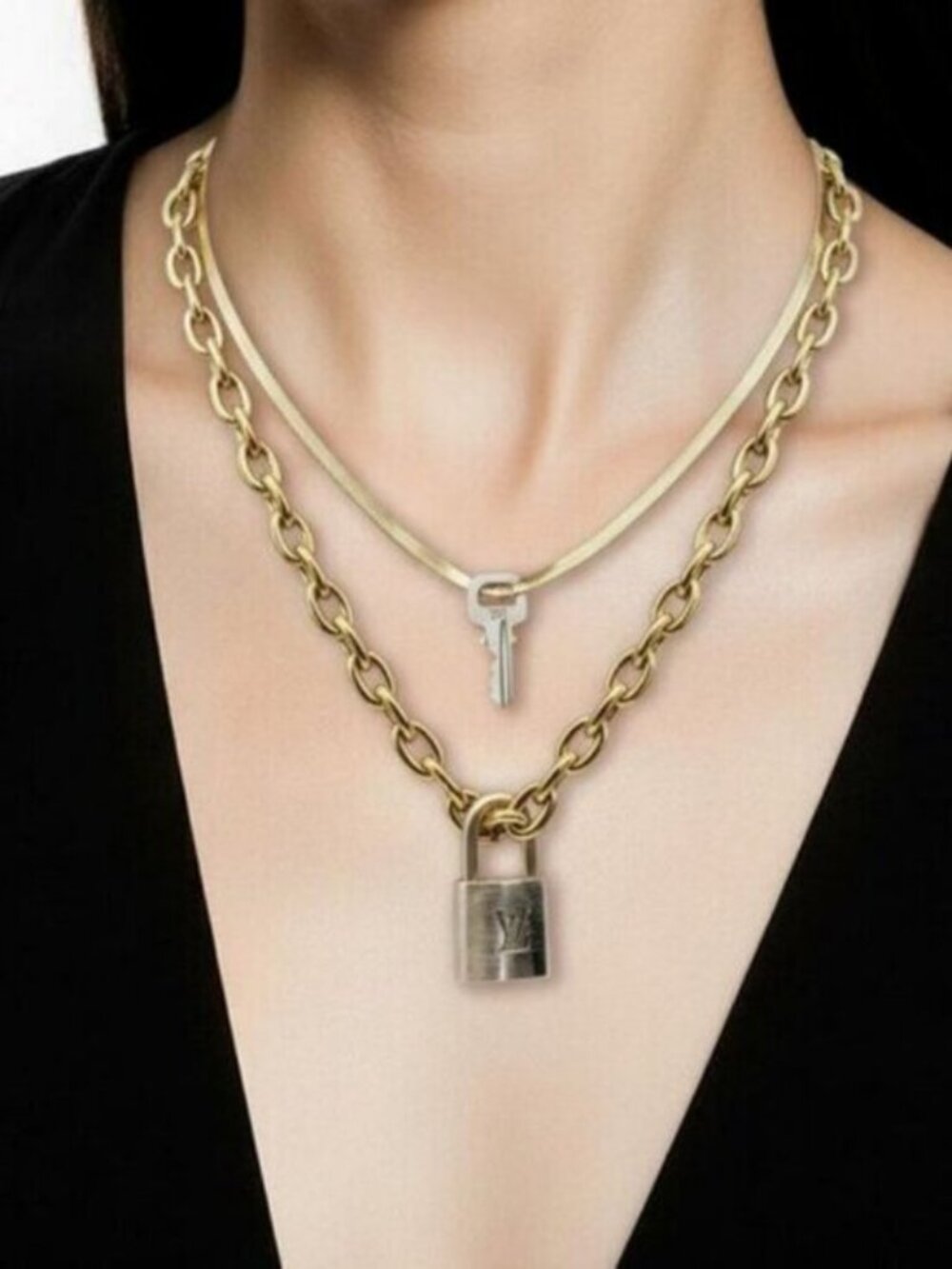 Authentic Louis Vuitton Padlock w/unbranded 18k GoldPlated stainless DoubleChain